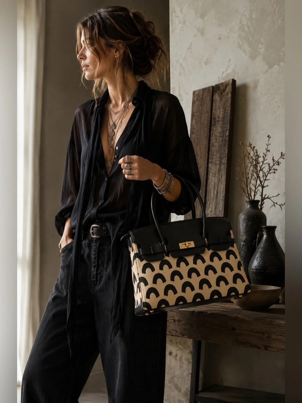 Isabella Fiore Black & Ivory Canvas Leather Satchel Handbag Geometric Print Gold